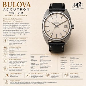May include: A 1972 Bulova Accutron 2181 tuning fork watch with a silver sunburst dial, stainless steel case, and a new black leather strap. The watch features a date display at the 3 o'clock position, a 35.5 mm diameter, and a 19 mm lug width.
