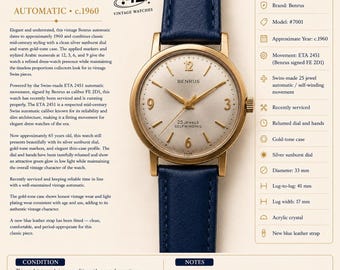 Vintage Benrus #7001 - ETA 2451 automatisch horloge goudkleur ca. 1960 onderhouden 33 mm