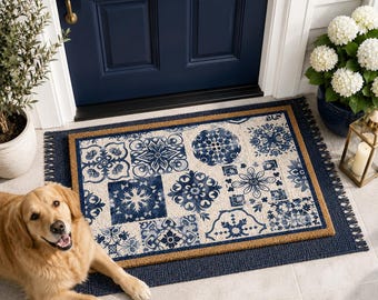 Mediterranean Tile Doormat, Blue White Boho Porch Decor, Entryway Rug