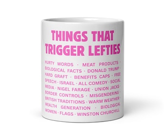 Dinge, die Linkshänder auslösen Tasse (rosa Text)