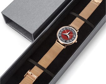 Reloj de cuarzo con calendario perpetuo de acero inoxidable y logotipo vintage de Mercedes Benz