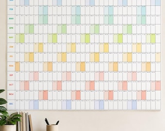 Calendario de pared gigante 2027 / Planificador visual anual lineal horizontal 2027 con fines de semana de arcoíris