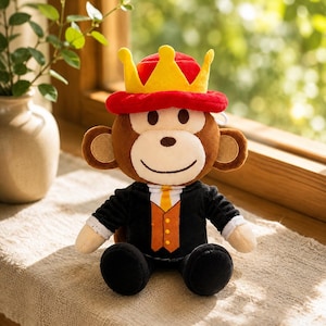 Monkey King Plush Toy, Cute Stuffed Monkey in Black Suit and Crown, Gamer Meme Plushie, Video Game Collectible Animal Doll Gift for Kids