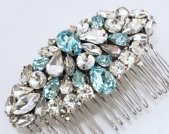 Aquamarine Swarovski Crystal Bridal Hair Comb, Light Blue Bridal Accessories Jewelry, 2020 Wedding Colors, Unique Bridal Comb, Bridal Tiara