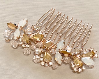 Champagne Rose Gold Bridal Hair Comb, White Opal Wedding Hair Comb, Crystal Hair Piece , Bridesmaids Gifts, Tiara,Rose Gold Swarovski Comb