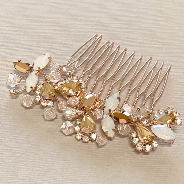 Champagne Rose Gold Bridal Hair Comb, White Opal Wedding Hair Comb, Crystal Hair Piece , Bridesmaids Gifts, Tiara,Rose Gold Swarovski Comb