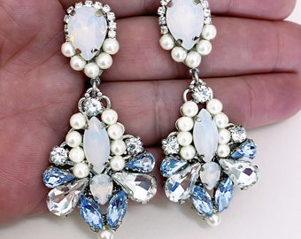Swarovski Crystal Bridal Earrings, Swarovski Wedding earrings, Large Vintage Earrings, Handmade Chandelier Earrings ,White opal ,Dusty Blue
