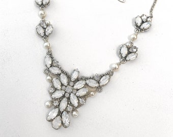 Swarovski White Opal Silver Vintage Bridal Earrings, Wedding Statement Jewelry, Art Deco Earrings, Pearl chandelier Earrings, Opal Necklace