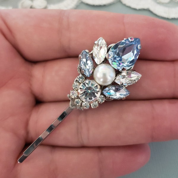 Light Sapphire Blue Swarovski Crystal Hair Pin. Vintage Dusty Blue Hair Clip,Head Piece, Art Pin, Crystal Hair Bobby Pin, Wedding Bobby Pins