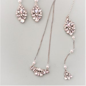 Silver Vintage Swarovski Bridal Earrings, Wedding Statement Jewelry,Long Crystal Earrings,Art Deco Earrings,Pearl chandelier Earrings,Set image 3