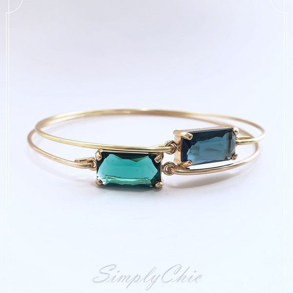 Gold Blue and Green Crystal Bangle Set, Sapphire  Emerald Bracelet,Stackable Beach Bracelet, Large Crystal Stone Bangle, Bridal Gift,Wedding