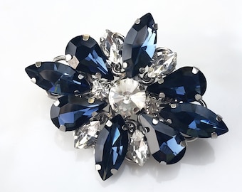 Vintage Deep Blue Crystal Brooch-Hair Clip Barrette , Art Deco Swarovski Rhinestone Pin , Something Blue Wedding Accessories, Boho Wedding