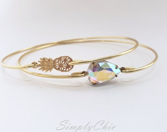 Lucky Pineapple Gold Bangle, Three Stackable Bangle , Hawaiian Pineapple bracelet, White and Pink Stone Bracelet Bangle Cuff,Beach Jewelry