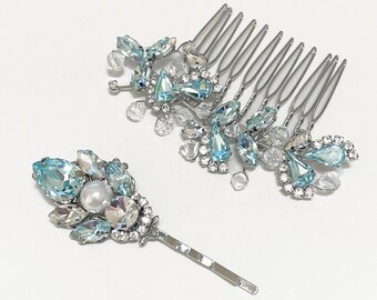 Peigne en cristal d’aquamarine de Swarovski, peigne de cheveux de branche de fleur nuptiale, bijoux bleu clair d’accessoires de cheveux, diadème nuptial bleu, peigne en cristal d’Aqua