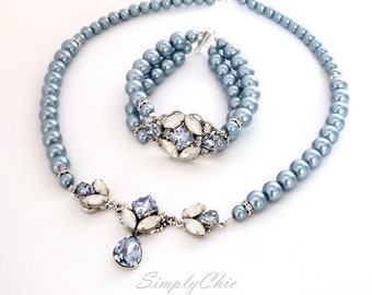 Dusty Blue White Opal Bridal Set, Light Blue Swarovski Wedding Jewelry, Light Sapphire Swarovski Necklace Earrings Bracelet,Trending Jewelry