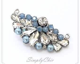 Vintage Fan Shape Crystal Hair Clip Barrette , Art Deco Swarovski Rhinestone Hair Pin , Something Blue Wedding Accessories,Light Blue Pearl