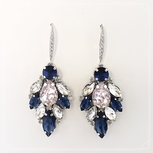Montana Blue and Blush Pink Statement Earrings-Tear Drop Crystal earrings,Navy Blue Chandelier Earrings, French Hooks Crystals, 2020 Bridal