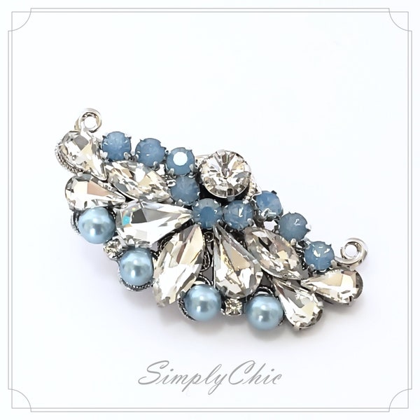 Vintage Fan Shape Crystal Hair Clip Barrette , Art Deco Swarovski Rhinestone Hair Pin , Something Blue Wedding Accessories,Light Blue Pearl