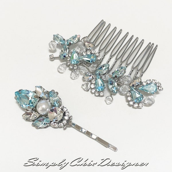 Swarovski Aquamarine Crystal Comb,Bridal Flower Branch Hair Comb, Light Blue Hair Accessories Jewelry, Blue Bridal Tiara, Aqua Crystal Comb