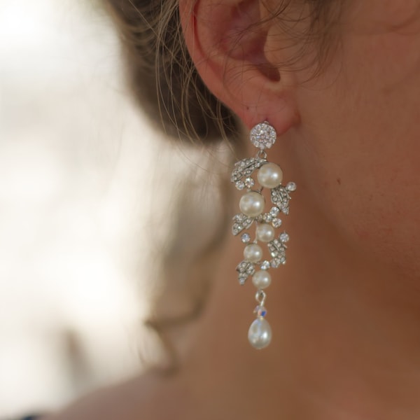Pearl Earrings- Wedding Jewelry, Bridal Earrings, Swarovski , Lamor Swarovski crystal and pearl bridal  earrings,Bridal jewelry