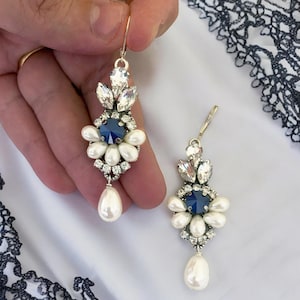 Sapphire Blue Vintage Earrings-Victorian Bridal Earrings With Pearls, Sapphire Pearl Earrings, Leverback Vintage Chandelier Earrings
