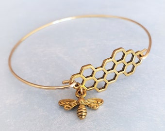 Honey Bee-Bee Hive, Bumble Bee armband, Bumble Bee Jewelry, Bumble Bee Bangle Bracelet, gouden armband Bangle, gouden Honey Bee, zilveren Bee