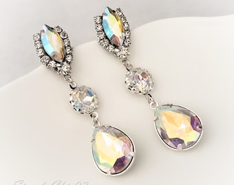 Aurora Borealis Iridescent Crystal Statement Earrings-Large Crystal earrings,Drop Chandelier,Rainbow Crystal ,Vintage AB Bridal Earrings,