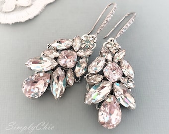 Dusty Rose Light Pink Swarovski Crystal Earring, Chandelier Swarovski Crystal Drop Bridal Earrings , Blush Bridal Earrings, Weddings 2019