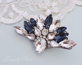 Vintage Fan Shape Crystal Hair Clip Barrette , Art Deco Swarovski Rhinestone Hair Pin , Something Blue Wedding Accessories, Boho Wedding