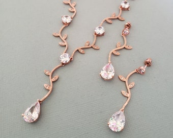 Delicate Rose Gold Bridal Set. Necklace Earrings Set,Crystal Branch Earrings and Necklace,Twig Bridal Necklace, Leaves Crystal Necklace