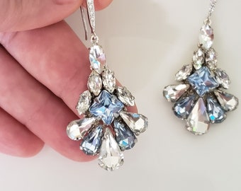 Light Sapphire Blue Statement Earrings-Fan Shape Crystal earrings,Sky Blue Chandelier, Blue Princess Cut Crystals, Swarovski Bridal Earrings