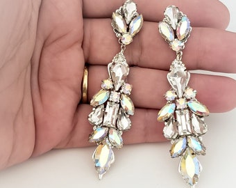 Aurora Borealis Iridescent Crystal Statement Earrings-Long Crystal earrings ,Drop Chandelier,Rainbow Crystal ,Vintage AB Bridal Earrings,