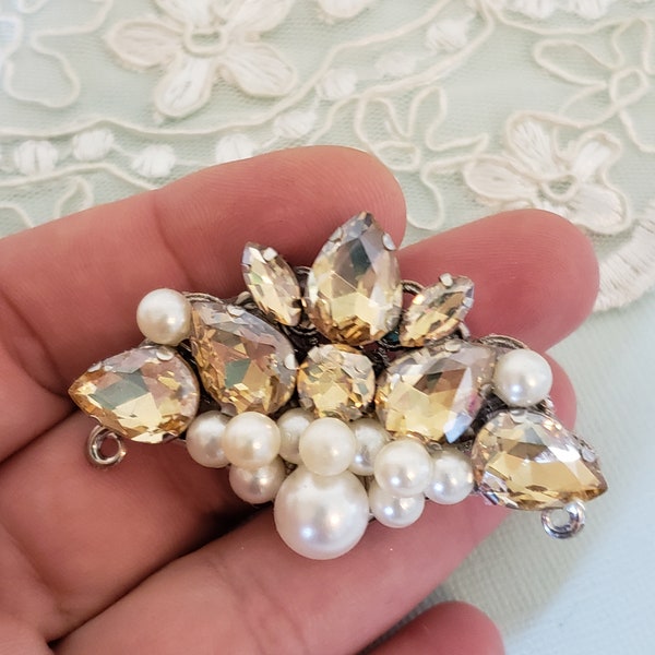 Vintage Fan Shape Crystal Hair Alligator Clip , Art Deco Swarovski Rhinestone Hair Pin , Champagne Crystals and Pearls Wedding Accessories