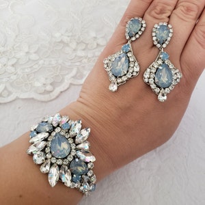 Dusty Blue Crystal Bridal Earrings, Dusty Blue Crystal Cuff Bracelet, Wedding Jewelry, Something Blue Bridal Jewelry, Vintage Blue Earrings