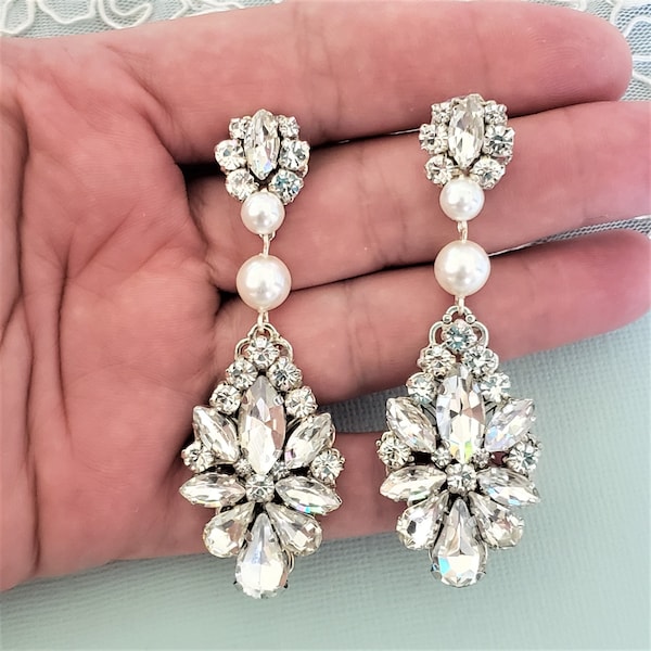 Silver Vintage Swarovski Bridal Earrings, Wedding Statement Jewelry,Long Crystal Earrings,Art Deco Earrings,Pearl chandelier Earrings,Set