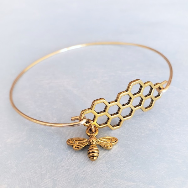 Honey Bee - Bee Hive, Bumble Bee Bracelet, Bumble Bee Jewelry, Bumble Bee Bangle Bracelet, Gold Bracelet Bangle, Gold Honey Bee, Silver Bee