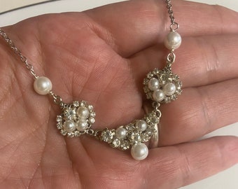 Vintage Bridal earrings necklace set, Bridal pearl and crystal necklace, pearl drop earrings and necklace, Victorian wedding necklace set
