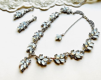 White Opal Bridal Necklace Earrings, White Opal Earrings, Swarovski Opal Necklace, Branch Leaves Wedding Jewelry, Leaves Crystal Earrings