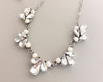 Bridal Crystal Necklace , Vintage style pearl rhinestone necklace, Clear Crystal Wedding Necklace Earrings Set, Art Deco Wedding Necklace
