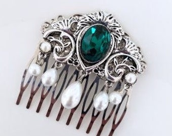 Emerald Vintage Bridal Hair Comb, Victorian Antique Silver Crystal Comb, Vintage Wedding Hair Accessories,  Green Brooch, Silver Filigree