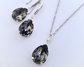 Black Diamond Crystal Necklace- Bridal Gift, Gray Drop Pendant ,Swarovski Smoky Diamond Silver Necklace, Dainty Bridal Jewelry