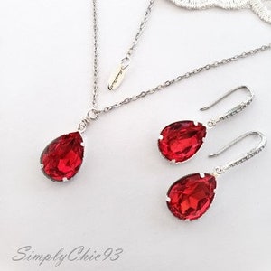 Siam Red Crystal Necklace- Red Crystal Pendant Bridal Gift,Blue Drop Pendant ,Swarovski Siam Red Silver Necklace, Dainty Bridal Jewelry,Fire