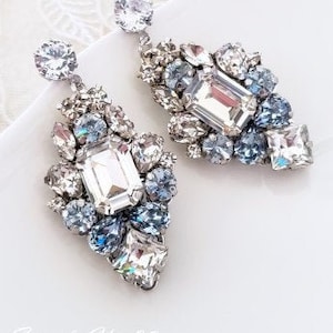 Light Sapphire Blue Statement Bridal Earrings, Swarovski Crystal Chandelier, Sky Drop Earrings, Princess Cut Earrings, Beach Wedding Jewelry