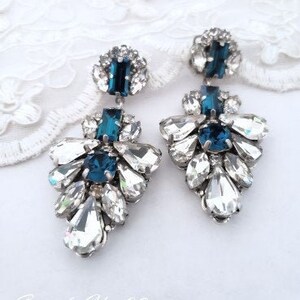 Deep Blue Statement Bridal Earrings, Swarovski Crystal Chandelier, Montana Drop Earrings, Princess Cut Earrings, Beach Wedding Jewelry