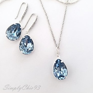 Sky Blue Crystal Necklace. Something Blue Bridal Gift,Blue Drop Pendant ,Swarovski Sapphire Blue Silver Necklace, Dainty Bridal Jewelry