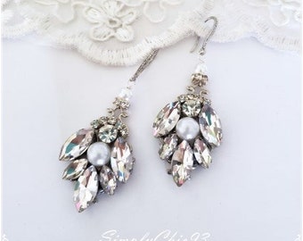 Vintage Pearl Rhinestone Drop Earrings, Antique Victorian Earrings, Wedding french hook Earrings, Victorian Jewelry,Pearl Bridal Earrings