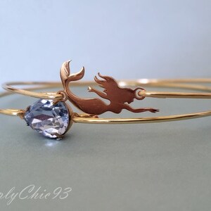 Under The Sea Bangle Set-Little Mermaid Gold Bracelet Bangle Cuff, Blue Swarovski Crystal Bangle, Beach Wedding Gift,Sky Blue Crystal Bangle