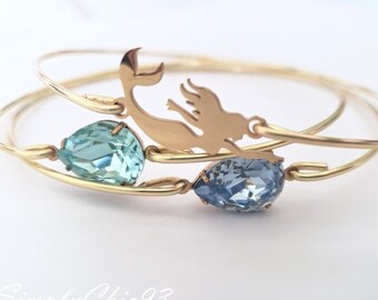 Under The Sea Bangle Set-Little Mermaid Gold Bracelet Bangle Cuff, Aquamarine Swarovski, Sapphire Swarovski Bracelet, Beach Wedding Gift