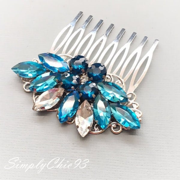 Snow Flake Blue Sapphire Rhinestone Hair Comb, Winter 2020 Weddings, Blue Crystal Hair Comb, Wedding Chunky Stone Hair Accessories