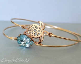 Under The Sea Bangle Set-Little Turtle Gold Bracelet Bangle Cuff, Blue Water Bangle Set, Aquamarine Bracelet, Beach Wedding Gift